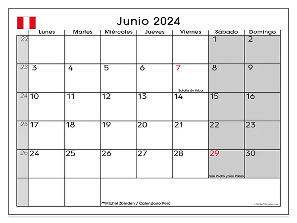 Calendario de Perú para imprimir gratis, junio 2025. Semana:  De lunes a domingo