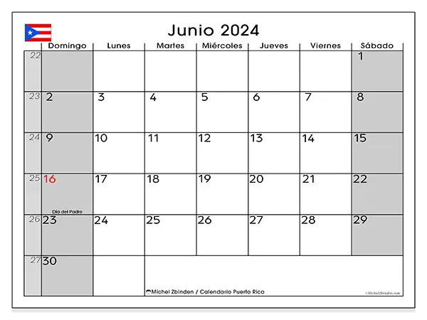 Calendario Puerto Rico para imprimir gratis de junio de 2024. Semana: De domingo a sábado.