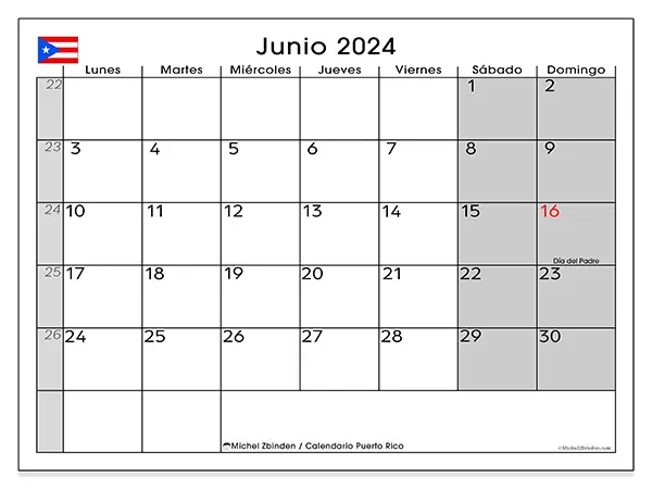 Calendario Puerto Rico para imprimir gratis de junio de 2024. Semana: De lunes a domingo.