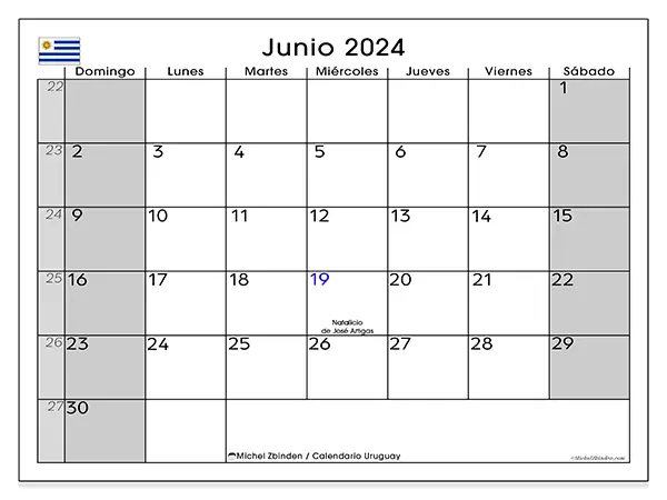 Calendario Uruguay para imprimir gratis de junio de 2024. Semana: De domingo a sábado.