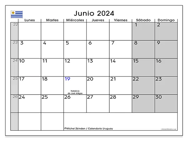 Calendario Uruguay para imprimir gratis de junio de 2024. Semana: De lunes a domingo.