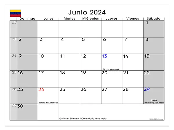 Calendario Venezuela para imprimir gratis de junio de 2024. Semana: De domingo a sábado.