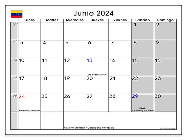 Calendario de Venezuela para imprimir gratis, junio 2025. Semana:  De lunes a domingo