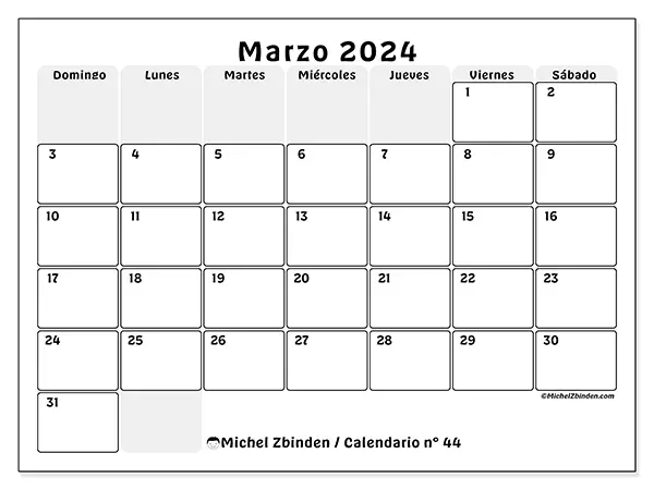 Calendario para imprimir gratis n° 44 para marzo de 2024. Semana: De domingo a sábado.