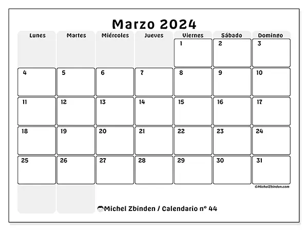 Calendario para imprimir gratis n° 44 para marzo de 2024. Semana: De lunes a domingo.