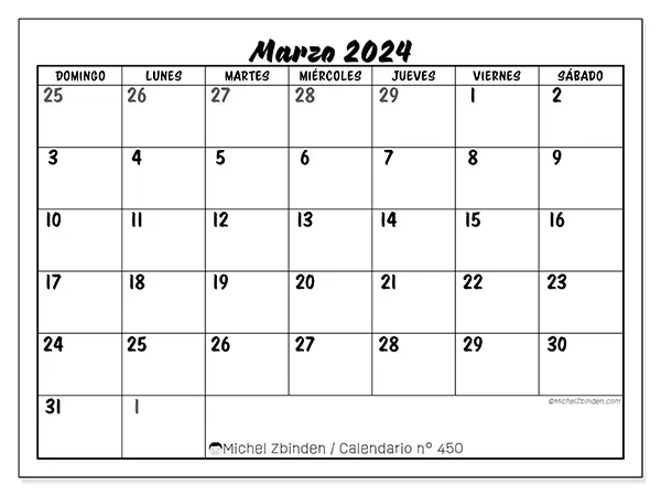 Calendario n.° 450 para imprimir gratis, marzo 2025. Semana:  De domingo a sábado