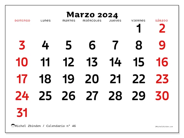 Calendario n.° 46 para imprimir gratis, marzo 2025. Semana:  De domingo a sábado