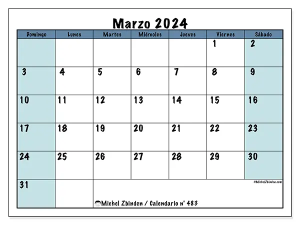 Calendario n.° 483 para imprimir gratis, marzo 2025. Semana:  De domingo a sábado