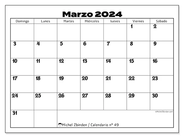 Calendario n.° 49 para imprimir gratis, marzo 2025. Semana:  De domingo a sábado