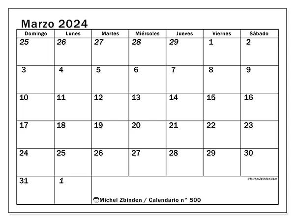 Calendario n.° 500 para imprimir gratis, marzo 2025. Semana:  De domingo a sábado