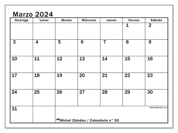 Calendario para imprimir gratis n° 50 para marzo de 2024. Semana: De domingo a sábado.