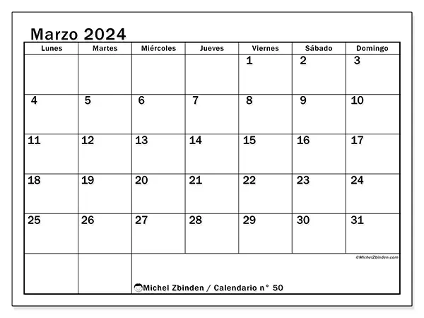 Calendario para imprimir gratis n° 50 para marzo de 2024. Semana: De lunes a domingo.