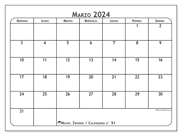 Calendario n.° 51 para imprimir gratis, marzo 2025. Semana:  De domingo a sábado