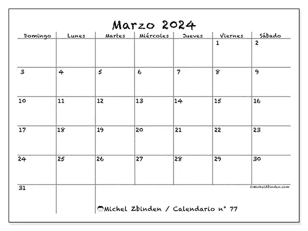 Calendario n.° 77 para imprimir gratis, marzo 2025. Semana:  De domingo a sábado