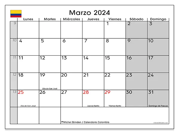 Calendario para imprimir gratis de Colombia para marzo de 2024. Semana : De lunes a domingo.