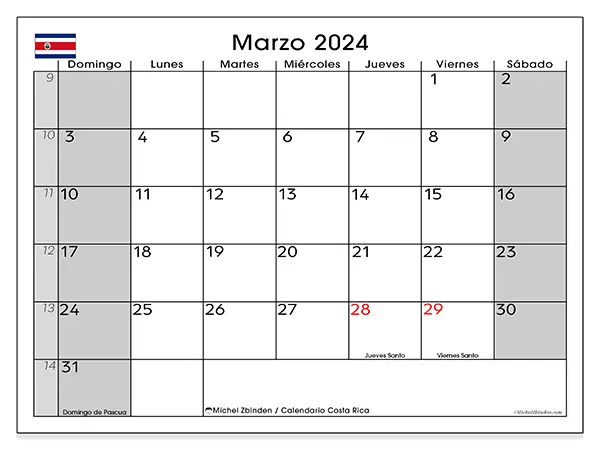 Calendario de Costa Rica para imprimir gratis, marzo 2025. Semana:  De domingo a sábado