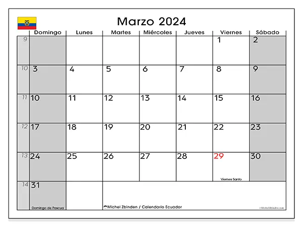Calendario de Ecuador para imprimir gratis, marzo 2025. Semana:  De domingo a sábado