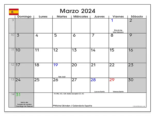Calendario de España para imprimir gratis, marzo 2025. Semana:  De domingo a sábado