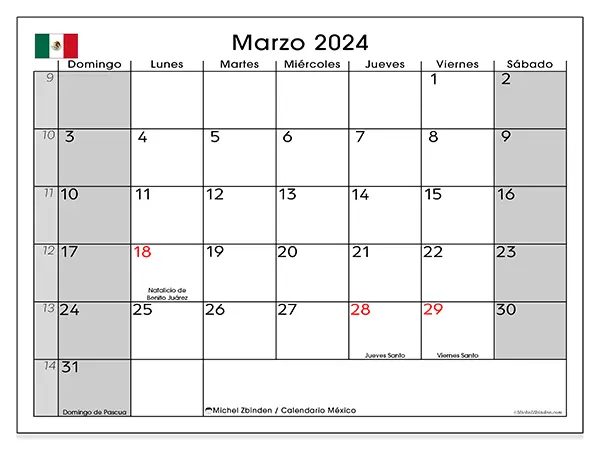 Calendario de México para imprimir gratis, marzo 2025. Semana:  De domingo a sábado