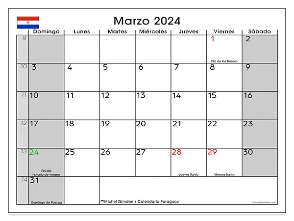 Calendario de Paraguay para imprimir gratis, marzo 2025. Semana:  De domingo a sábado