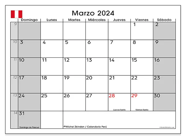 Calendario de Perú para imprimir gratis, marzo 2025. Semana:  De domingo a sábado