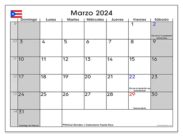Calendario de Puerto Rico para imprimir gratis, marzo 2025. Semana:  De domingo a sábado