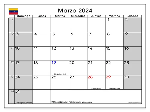 Calendario de Venezuela para imprimir gratis, marzo 2025. Semana:  De domingo a sábado