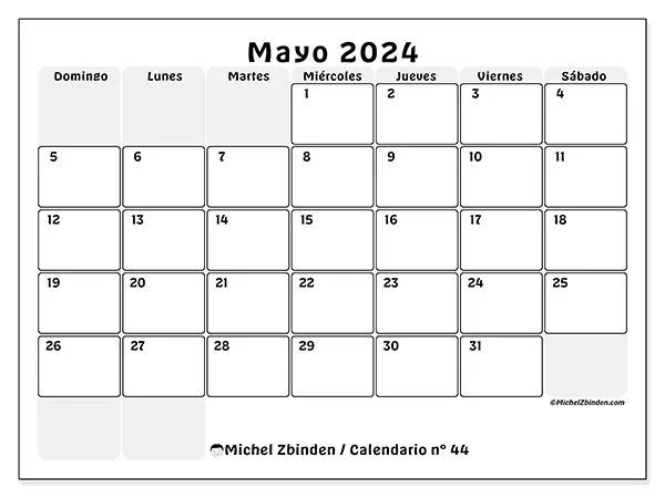 Calendario n.° 44 para mayo de 2024 para imprimir gratis. Semana: De domingo a sábado.