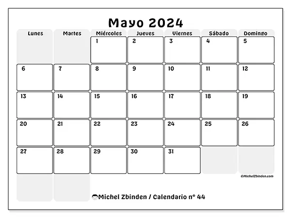 Calendario n.° 44 para mayo de 2024 para imprimir gratis. Semana: De lunes a domingo.