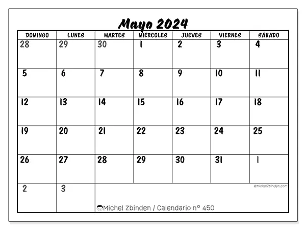 Calendario n.° 450 para mayo de 2024 para imprimir gratis. Semana: De domingo a sábado.