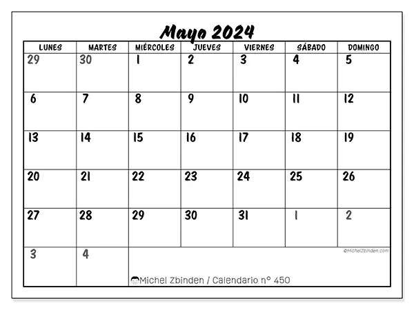 Calendario n.° 450 para mayo de 2024 para imprimir gratis. Semana: De lunes a domingo.