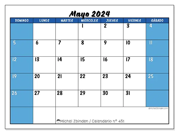 Calendario n.° 451 para imprimir gratis, mayo 2025. Semana:  De domingo a sábado