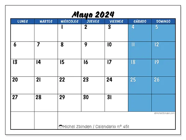Calendario n.° 451 para mayo de 2024 para imprimir gratis. Semana: De lunes a domingo.
