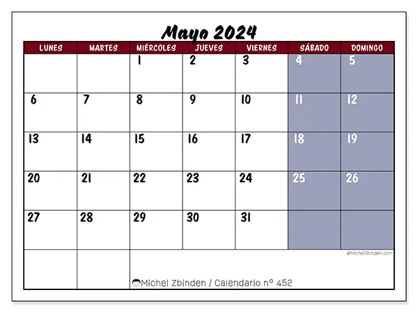 Calendario n.° 452 para mayo de 2024 para imprimir gratis. Semana: De lunes a domingo.