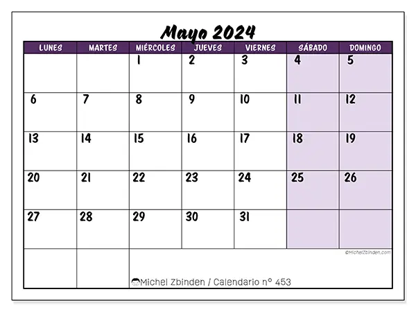 Calendario n.° 453 para mayo de 2024 para imprimir gratis. Semana: De lunes a domingo.