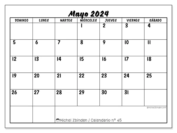 Calendario para imprimir gratis n° 45 para mayo de 2024. Semana: De domingo a sábado.