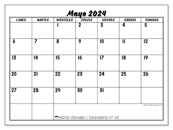 Calendario para imprimir gratis n° 45 para mayo de 2024. Semana: De lunes a domingo.