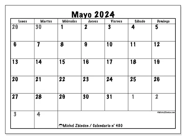 Calendario n.° 480 para mayo de 2024 para imprimir gratis. Semana: De lunes a domingo.