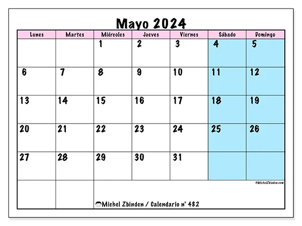 Calendario n.° 482 para mayo de 2024 para imprimir gratis. Semana: De lunes a domingo.