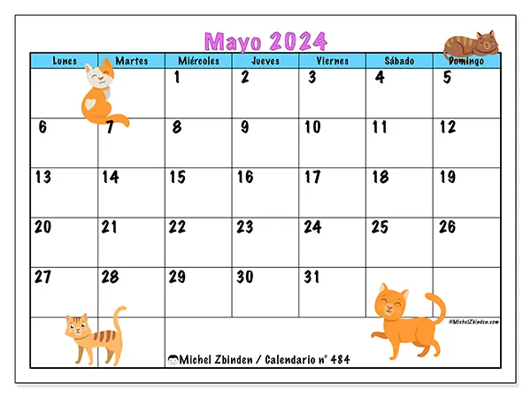 Calendario n.° 484 para mayo de 2024 para imprimir gratis. Semana: De lunes a domingo.