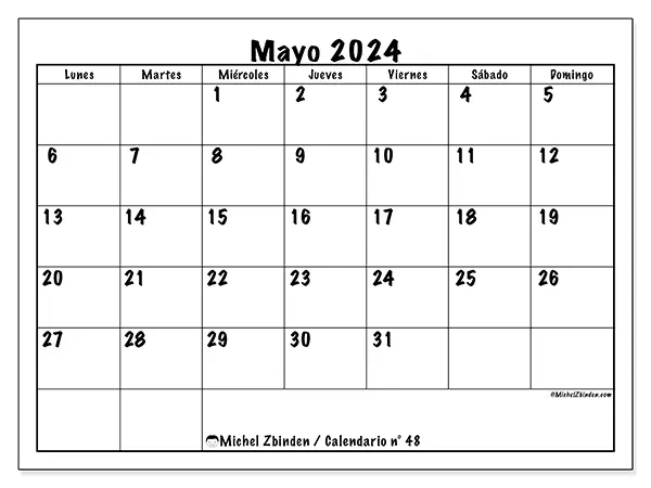 Calendario n.° 48 para mayo de 2024 para imprimir gratis. Semana: De lunes a domingo.