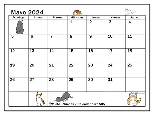 Calendario n.° 505 para imprimir gratis, mayo 2025. Semana:  De domingo a sábado