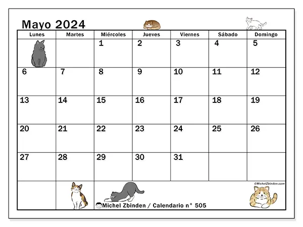 Calendario n.° 505 para mayo de 2024 para imprimir gratis. Semana: De lunes a domingo.