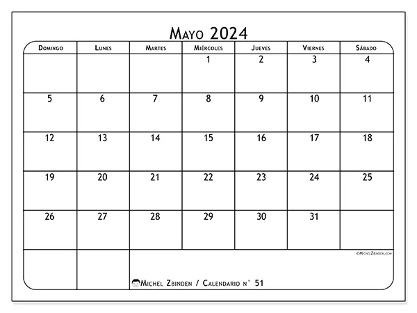 Calendario para imprimir gratis n° 51 para mayo de 2024. Semana: De domingo a sábado.