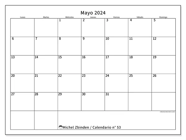Calendario n.° 53 para mayo de 2024 para imprimir gratis. Semana: De lunes a domingo.