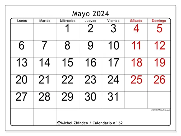 Calendario n.° 62 para mayo de 2024 para imprimir gratis. Semana: De lunes a domingo.