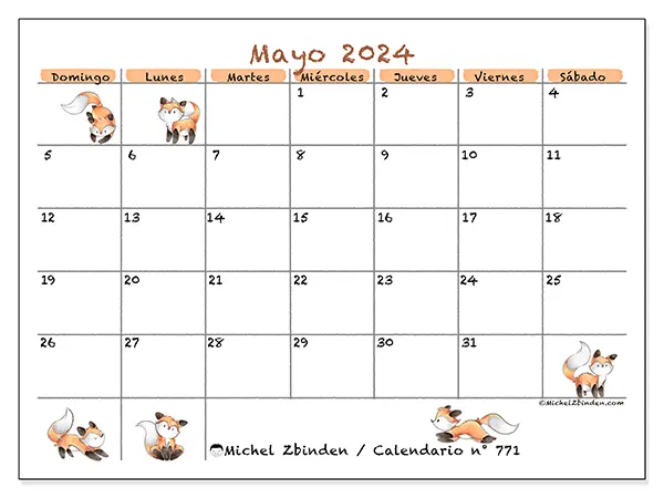 Calendario para imprimir gratis n° 771 para mayo de 2024. Semana: De domingo a sábado.