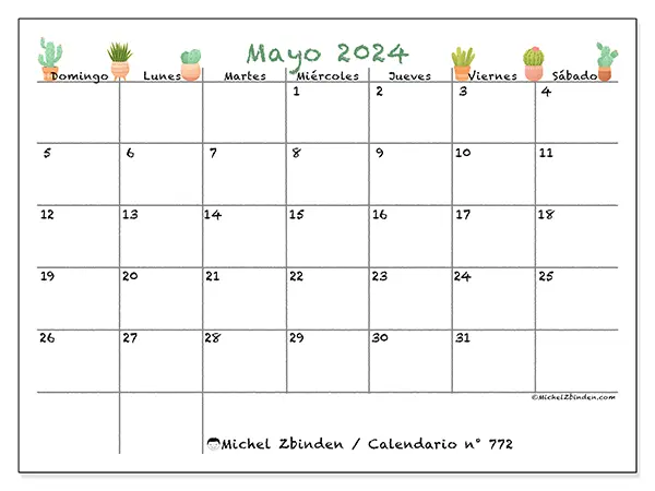 Calendario para imprimir gratis n° 772 para mayo de 2024. Semana: De domingo a sábado.