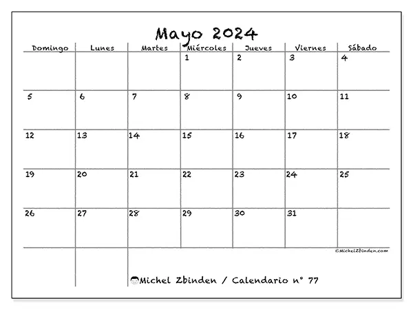 Calendario para imprimir gratis n° 77 para mayo de 2024. Semana: De domingo a sábado.