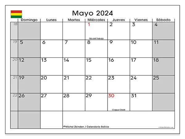 Calendario de Bolivia para imprimir gratis, mayo 2025. Semana:  De domingo a sábado